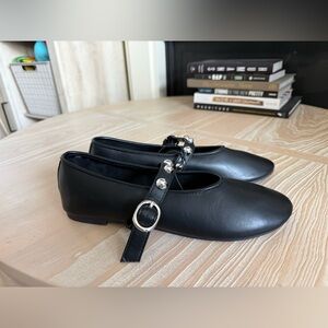 CL by Laundry|Women’s Black Balletcore Flats with Silver Buckle & studded detail